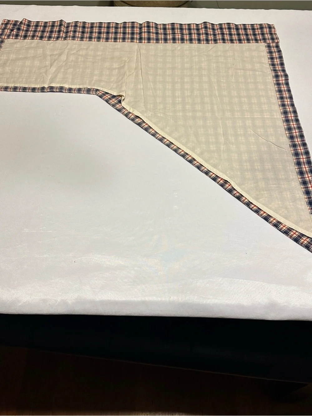 Primitive Plaid Valance Curtain Panel in Navy / Tan / Red set of 2